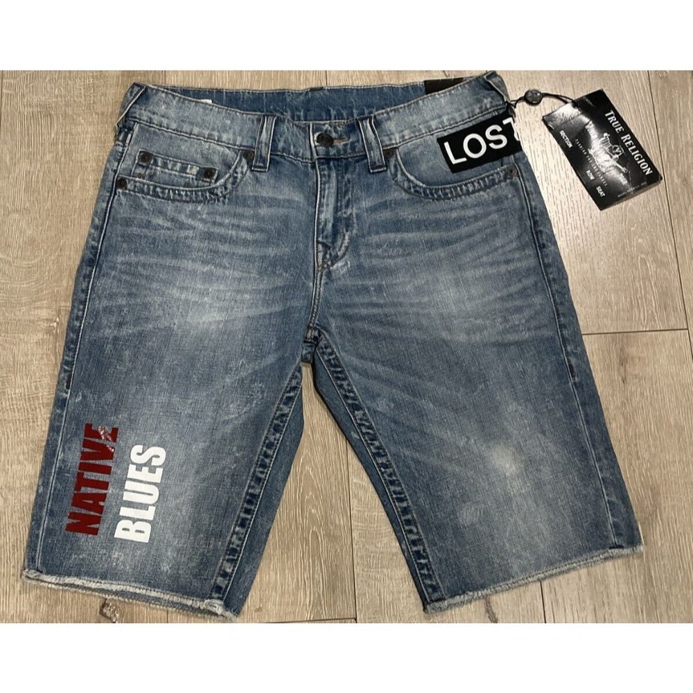 TRUE RELIGION Ricky No Flap Shorts Light Dust Cut Off Stretch Denim Jeans NWT